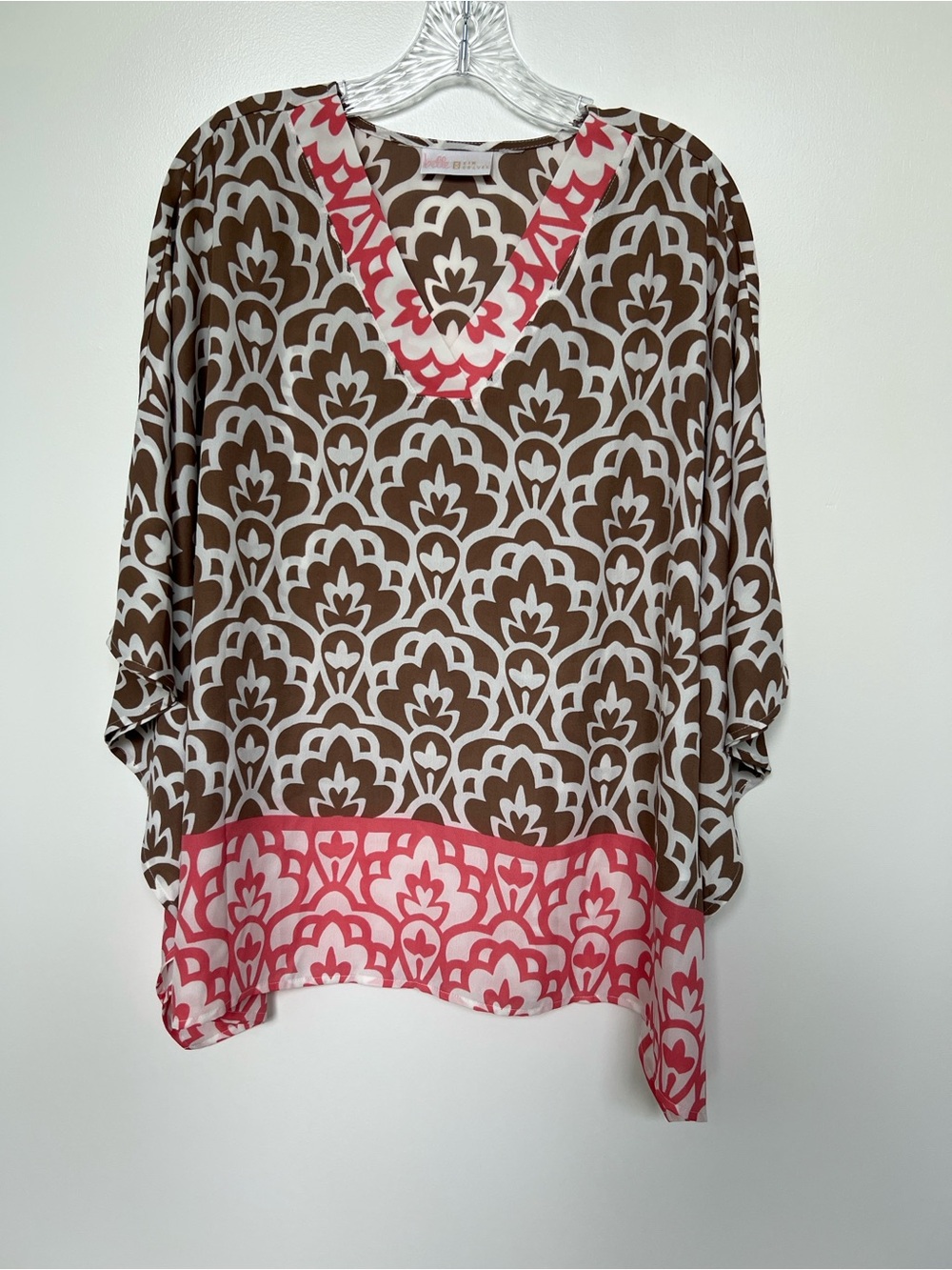 Kim Gravel Brown and Peach Patterned V-Neck Women's Top